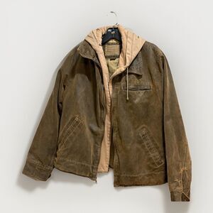 VTG Columbia Bomber Jacket Hood Patina Gold Y2K Faux Leather Grunge Sz XL